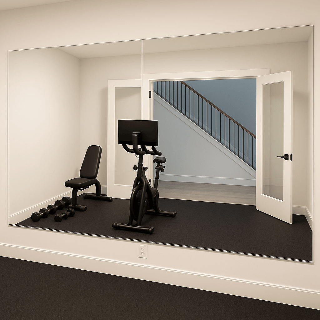 Frameless mirror installed in a minimalist home gym setup